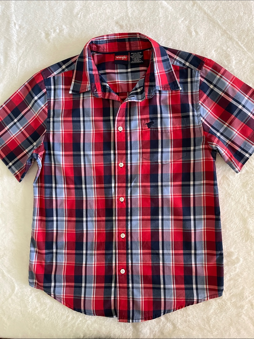Wrangler Red and Navy Plaid Short Sleeve Button-Down Shirt SZ XL 14-16